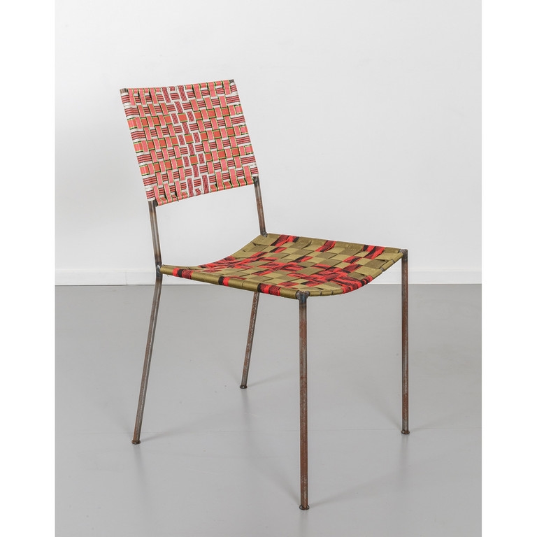 Artwork by Franz West, Uncle-Chair, Made of Welded Iron Tubular, Multi-Colored Plastic Straps Woven Together