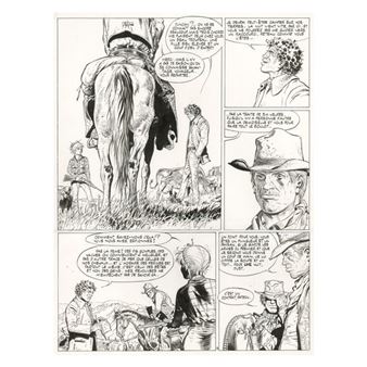 A black-and-white comic strip depicting a tense scene with figures on horseback and in conversation.