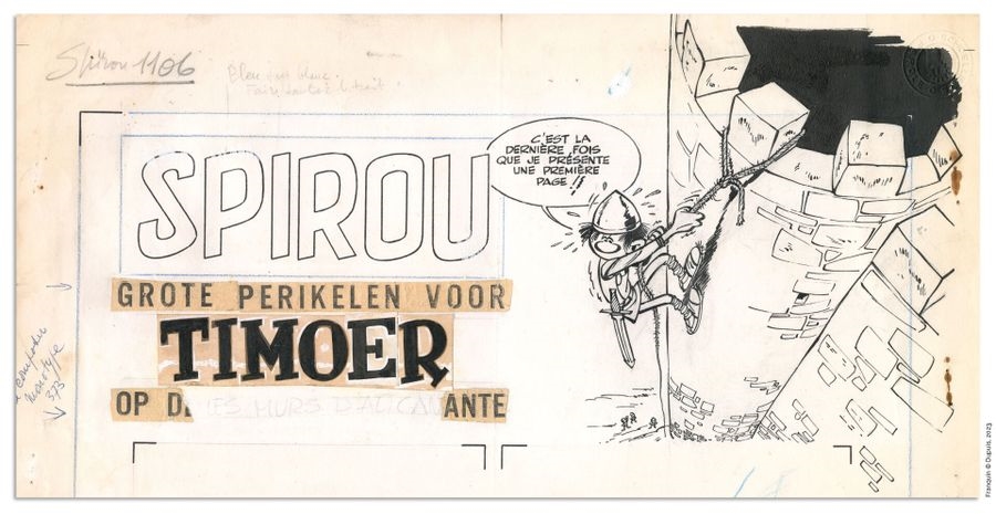 Artwork by André Franquin, Original illustration, top cover of the Journal de Spirou n° 1106, June 25, 1959, Made of India Ink And Blue Pencil On Paper