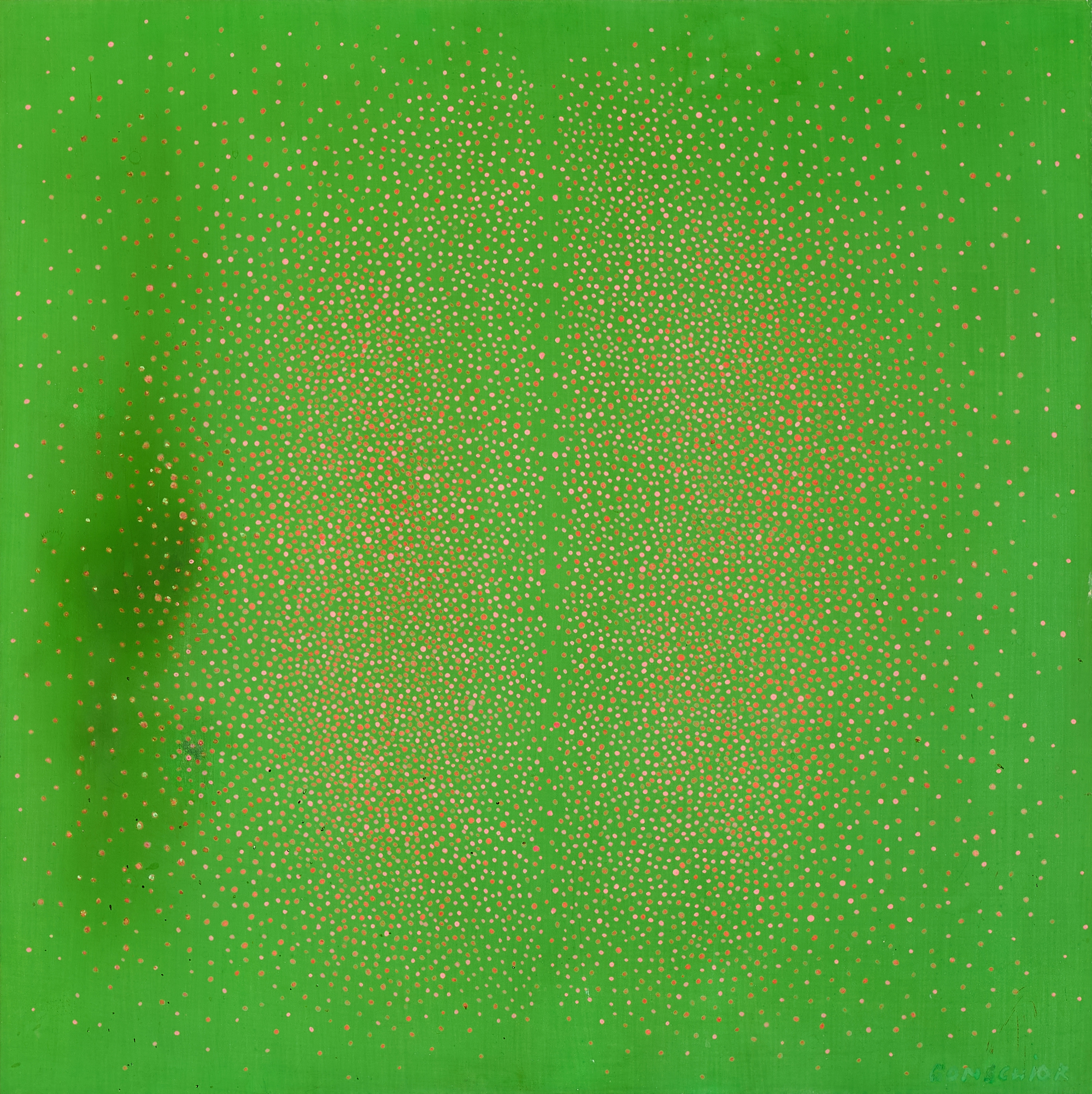 Artwork by Kuno Gonschior, Vibration Grün-Rot, Made of Oil On Wood