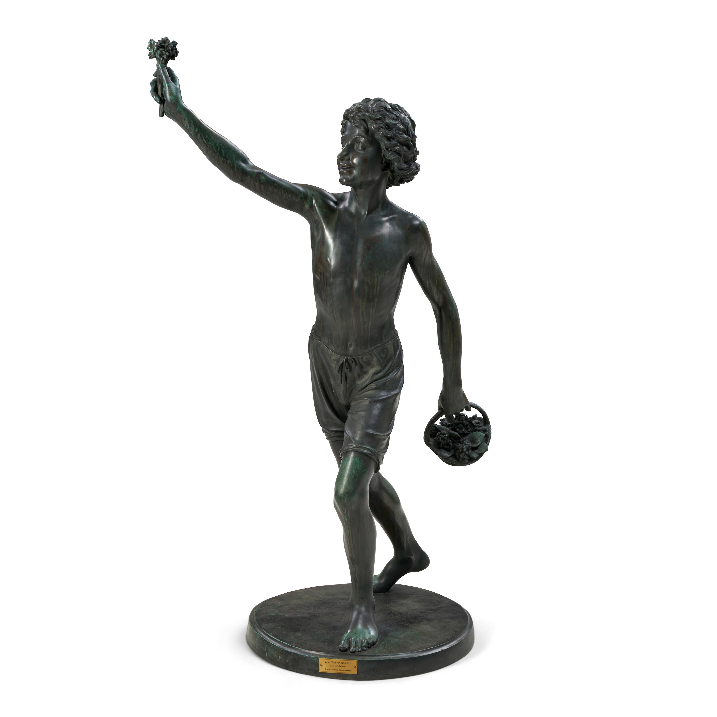Artwork by Jules-Pierre van Biesbroeck, Standing Bronze Model of a Male Youth with Flowers, Made of bronze
