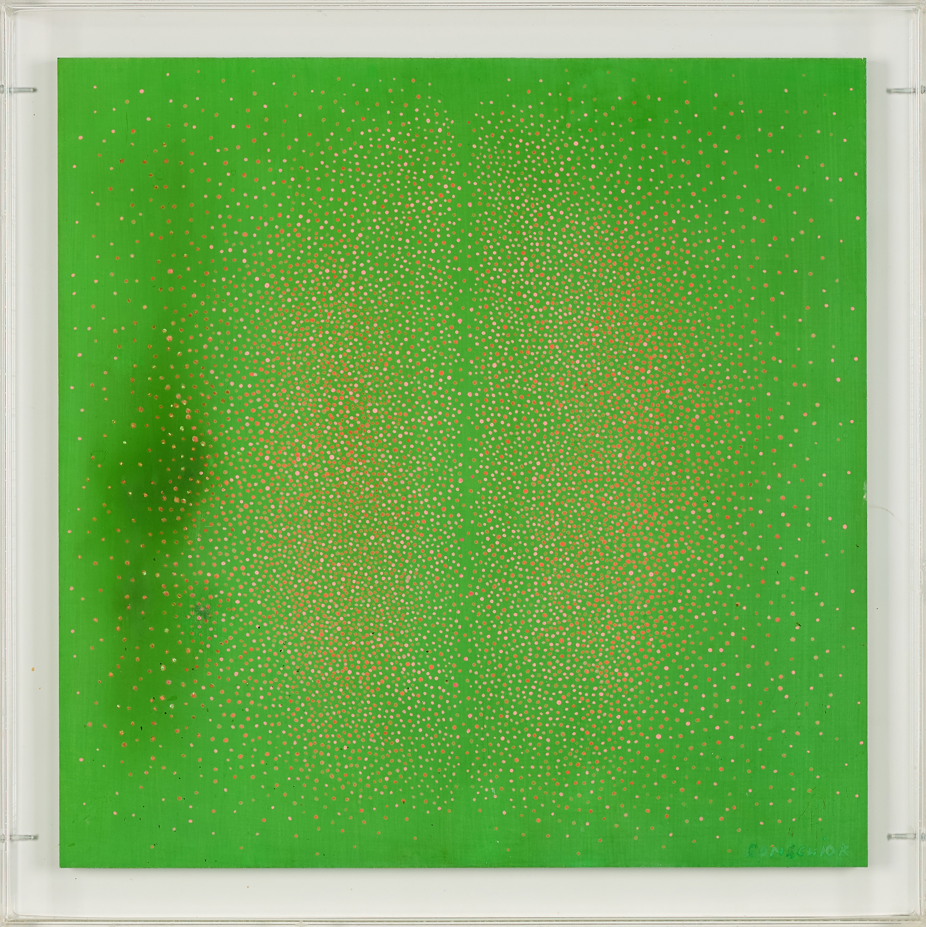 Artwork by Kuno Gonschior, Vibration Grün-Rot, Made of Oil On Wood