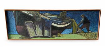 oil on board of a fisherman tending his nets - James Waud