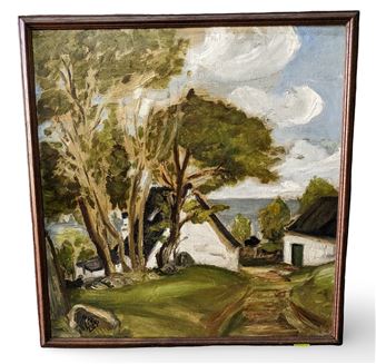 A rustic landscape painting featuring a white cottage nestled among trees with a distant sea view.