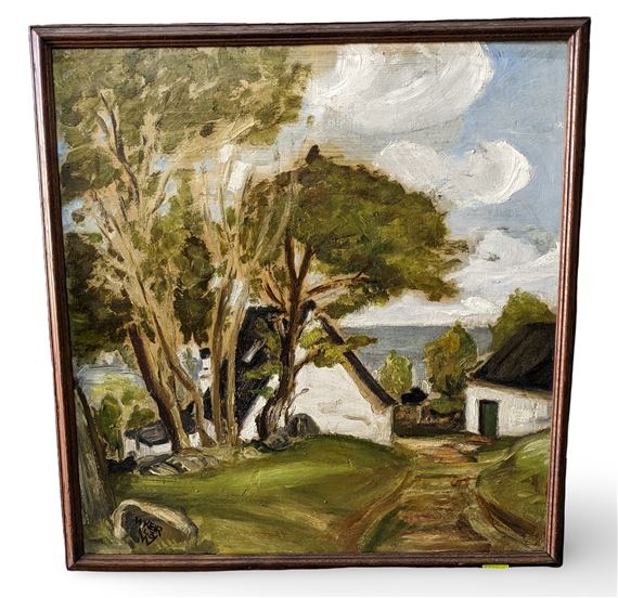 Oil on board of white houses in a landscape - Harry Keir