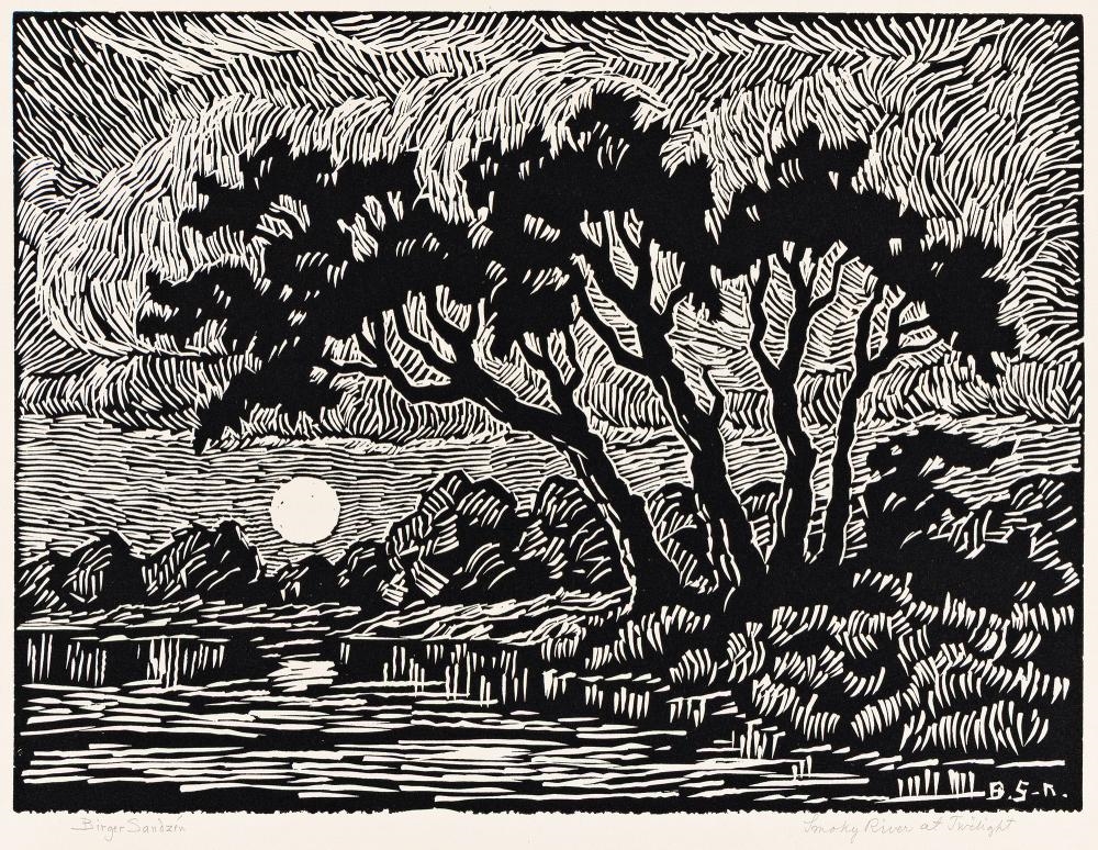 Artwork by Birger Sandzén, Smoky River at Twilight, Made of Linoleum Cut