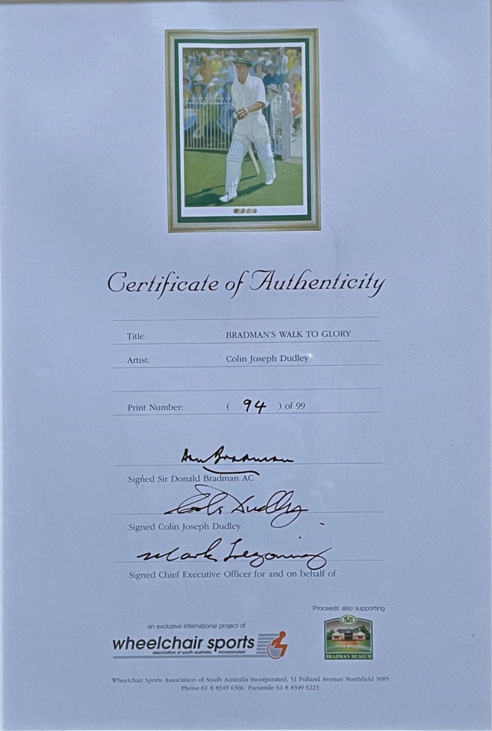 Artwork by Colin Joseph Dudley, Bradman's Walk to Glory, Made of Limited Edition Print