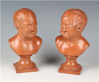 a pair of 19th century terracotta portrait busts of a crying and laughing baby - Jean-Antoine Houdon