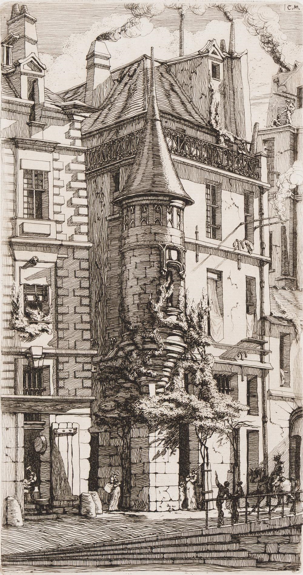 Artwork by Charles Meryon, Tourelle de la Rue de la Tixéranderie, Made of Etching Printed In Dark, Brownish Black On Antique Laid Paper