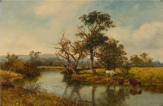 David Bates | Cows watering in a British pastoral landscape (1880 ...