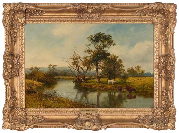 David Bates | Cows watering in a British pastoral landscape (1880 ...