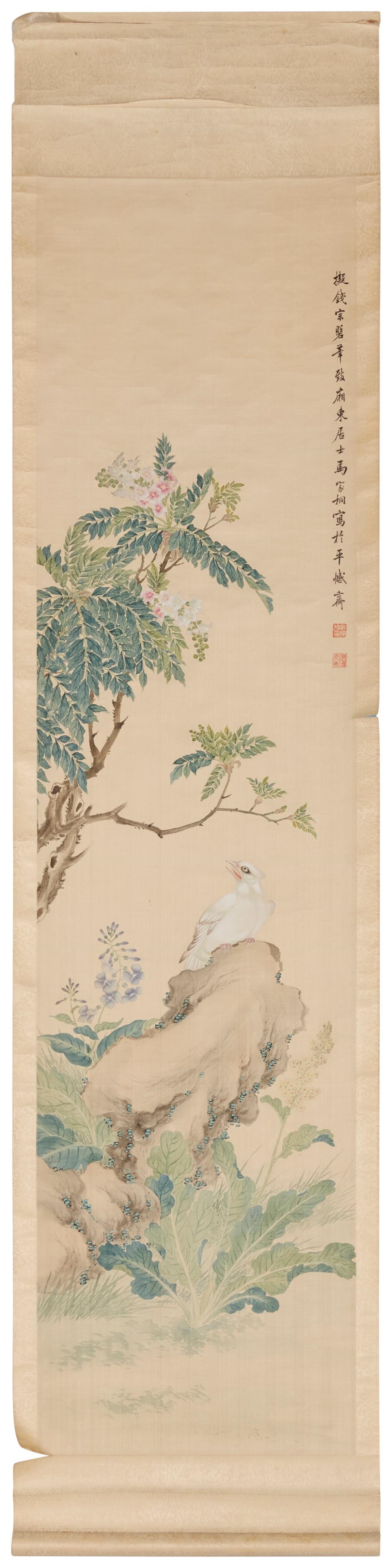 Artwork by Ma Jiatong, Birds and flowers, Made of Ink And Pigment On Silk Mounted To A Fabric/Paper Scroll