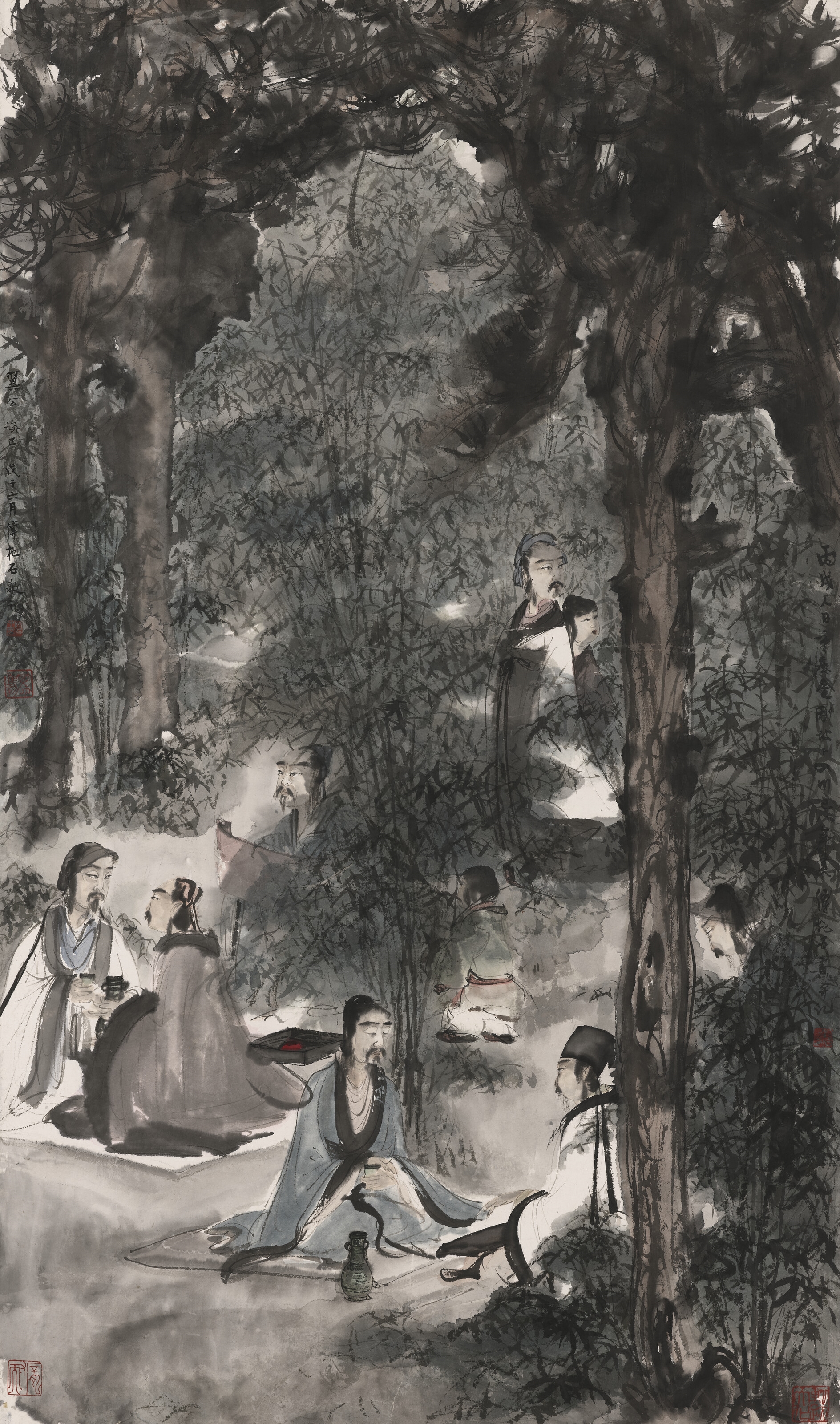 Artwork by Fu Baoshi, Seven Sages of the Bamboo Grove, Made of Ink and colour on paper