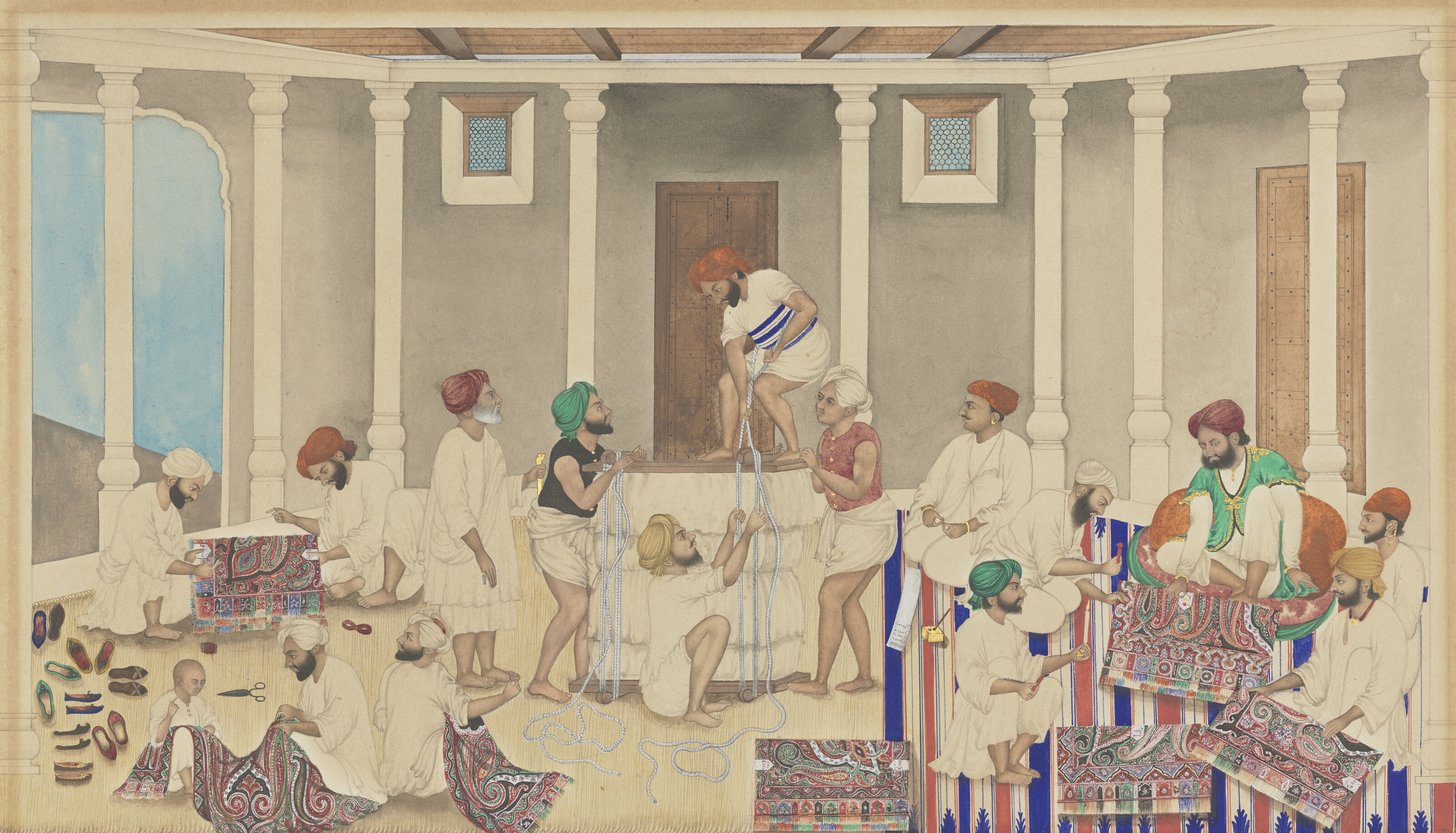 Artwork by Bishan Singh, Amritsar School, 19th Century, PRESENTING SHAWLS TO THE CUSTOMS OFFICIAL (DAROGHA) BEFORE PACKING, Made of Translucent pigments heightened with gold on card, set within a pair of doubled blue rules, the white margins plain