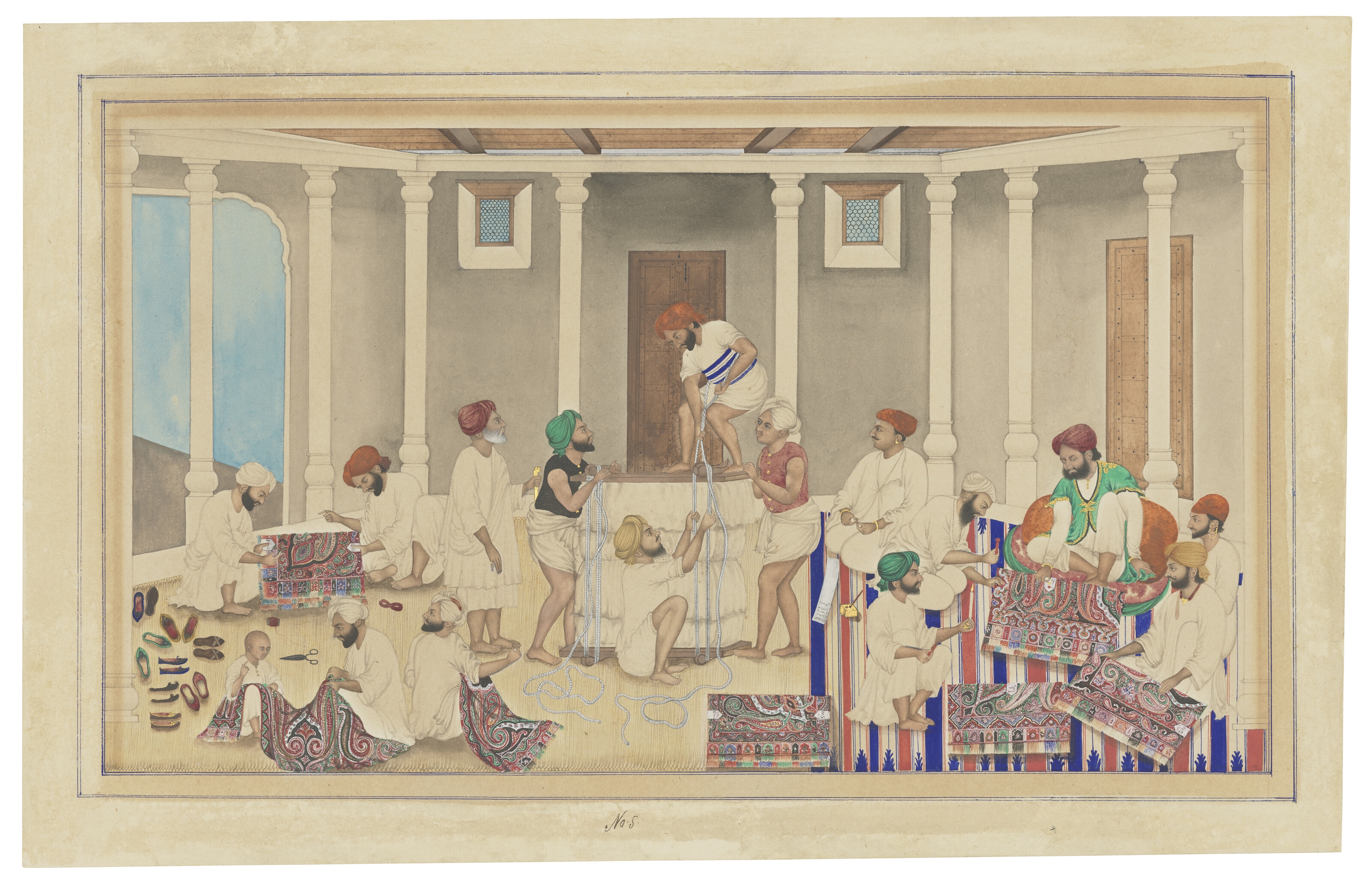Artwork by Bishan Singh, Amritsar School, 19th Century, PRESENTING SHAWLS TO THE CUSTOMS OFFICIAL (DAROGHA) BEFORE PACKING, Made of Translucent pigments heightened with gold on card, set within a pair of doubled blue rules, the white margins plain