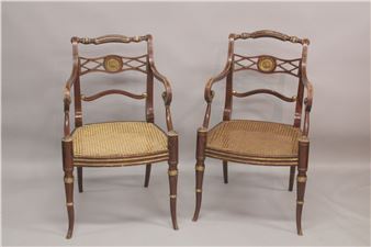 A GOOD PAIR OF REGENCY THOMAS HOPE DESIGN BLACK JAPANNED AND GILDED ARM CHAIRS with rope back - Thomas Hope