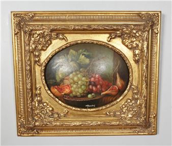 A classical still life painting of fruit in a basket, framed by an ornate golden border.