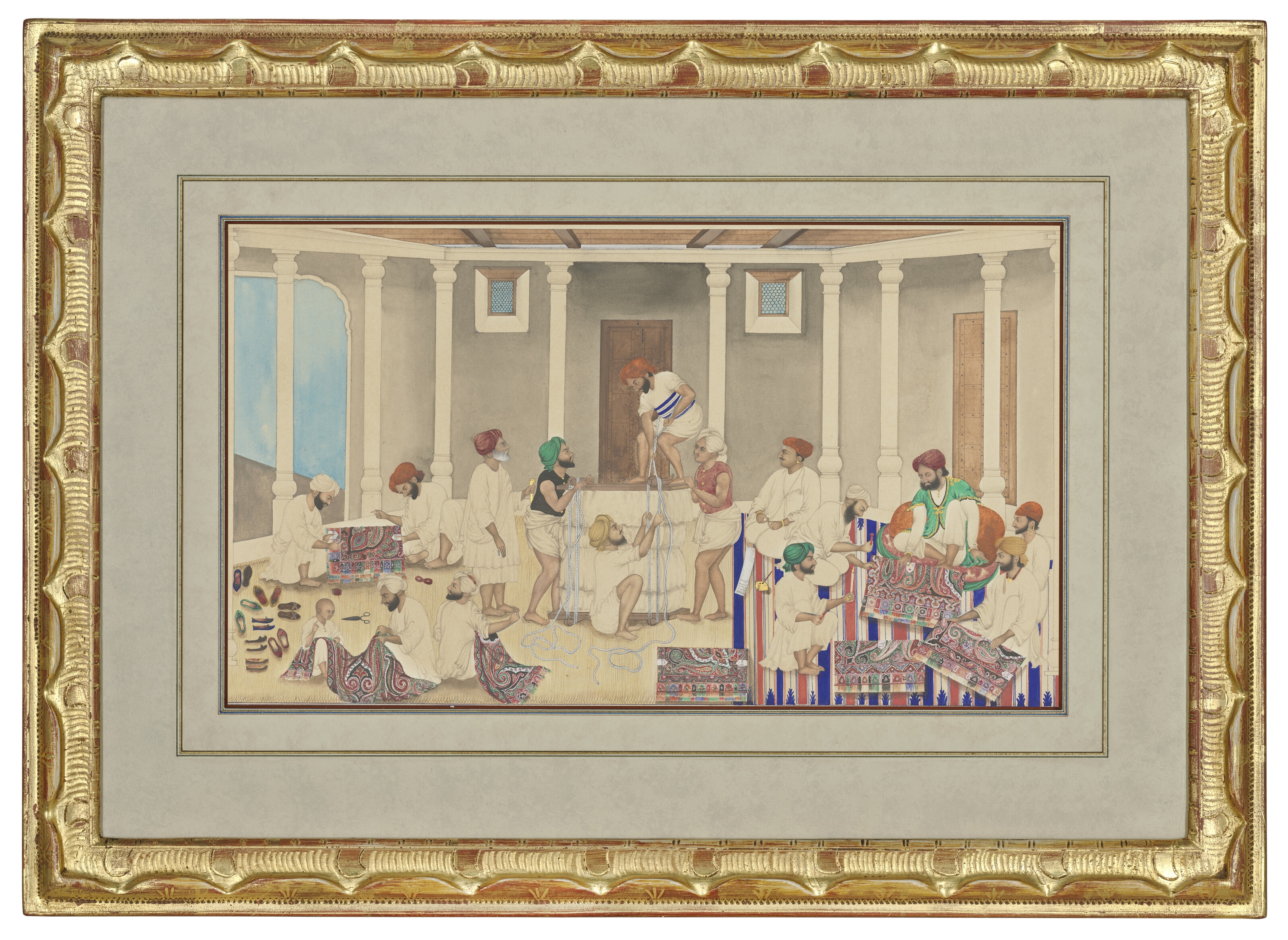 Artwork by Bishan Singh, Amritsar School, 19th Century, PRESENTING SHAWLS TO THE CUSTOMS OFFICIAL (DAROGHA) BEFORE PACKING, Made of Translucent pigments heightened with gold on card, set within a pair of doubled blue rules, the white margins plain