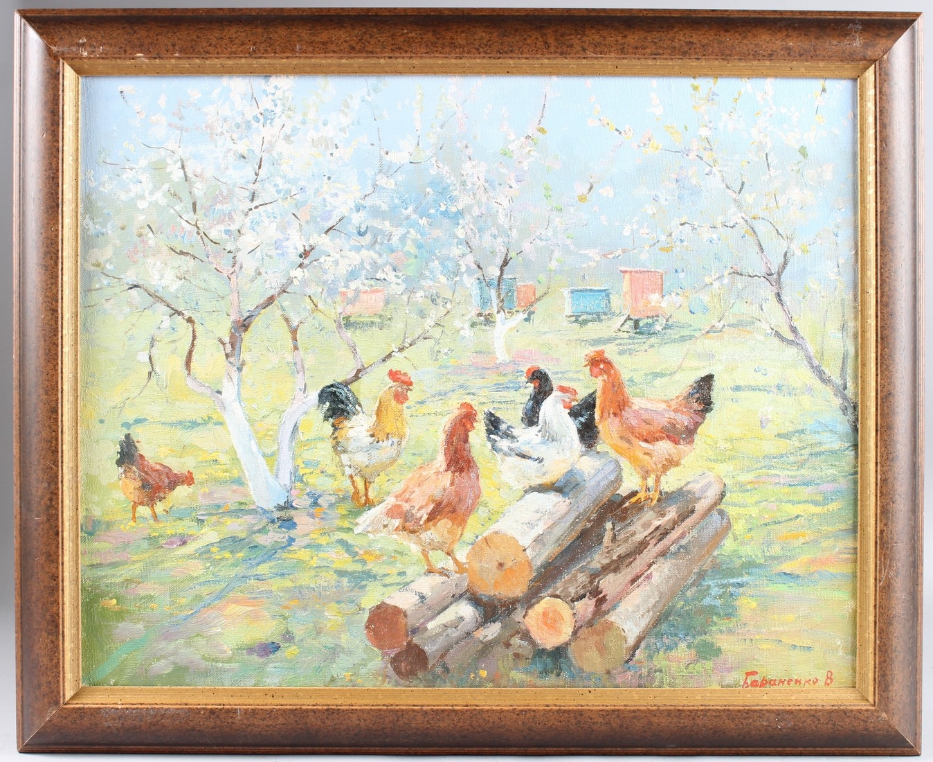 Artwork by Vitaly Baranenko, Chickens amongst blossom trees, Made of Oil On Canvas