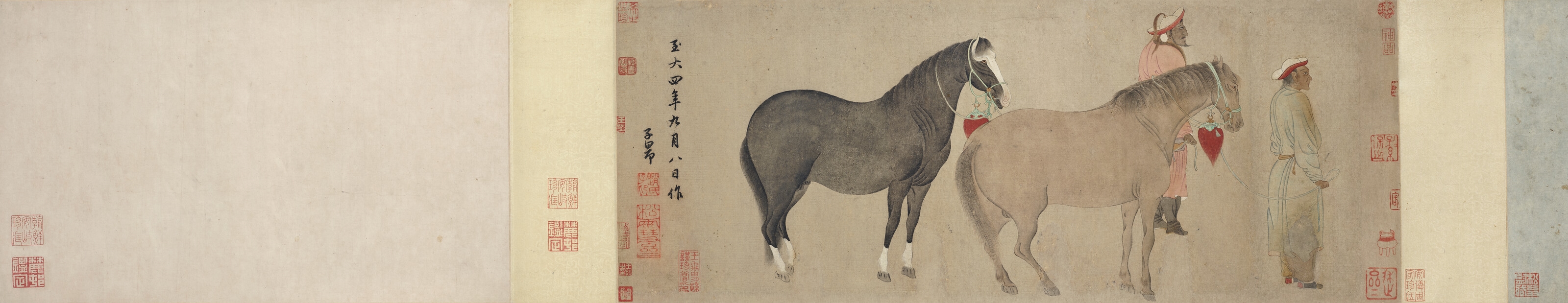 Artwork by Zhao Mengfu, Horses and Attendants, Made of Handscroll, ink and colour on paper