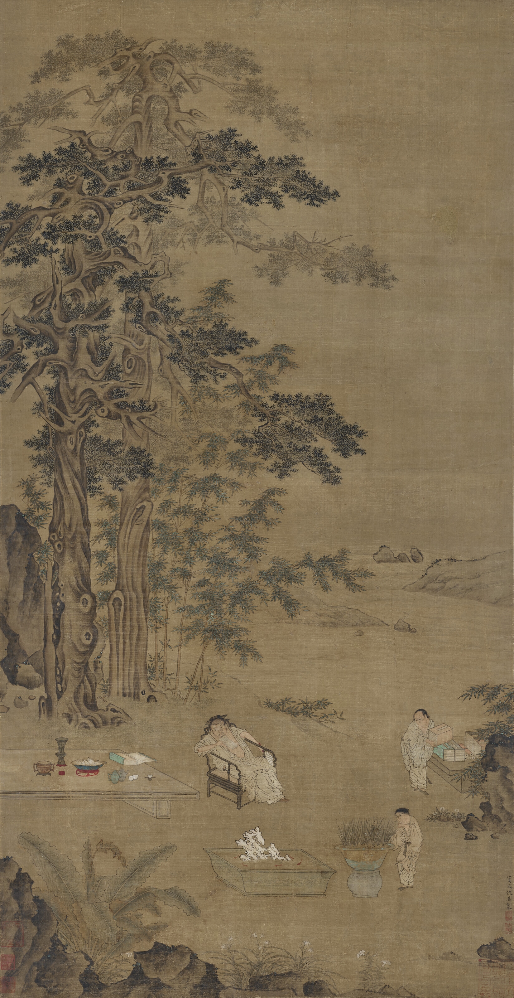 Artwork by Qiu Ying, Whiling the Summer Away, Made of Scroll, ink and colour on silk