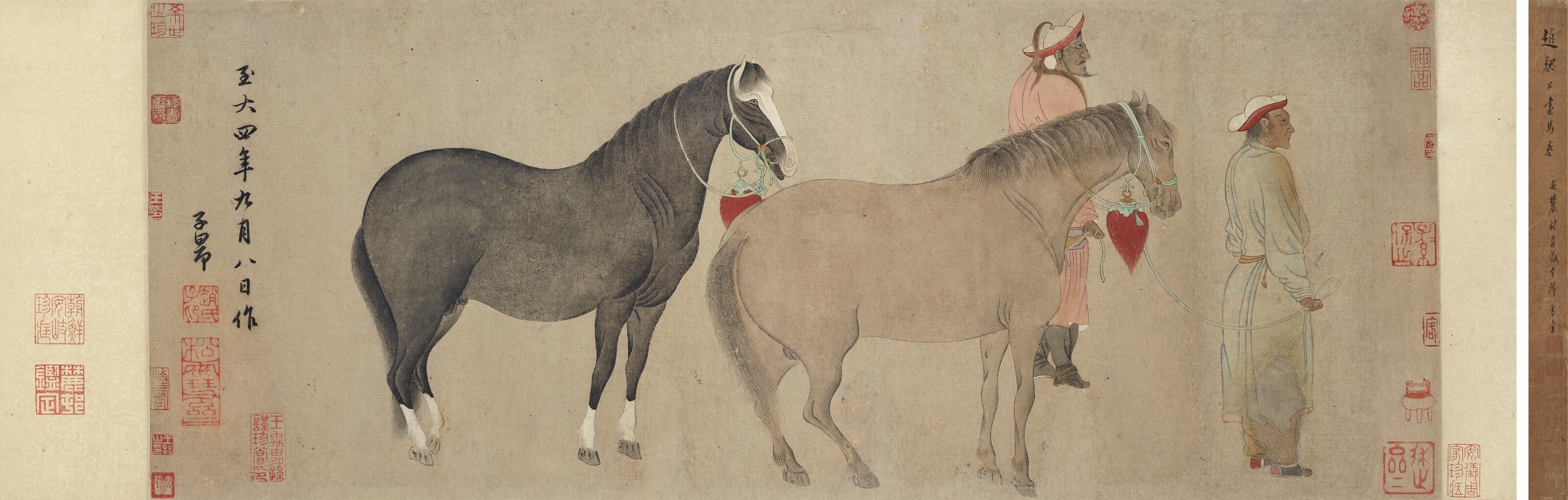 Artwork by Zhao Mengfu, Horses and Attendants, Made of Handscroll, ink and colour on paper