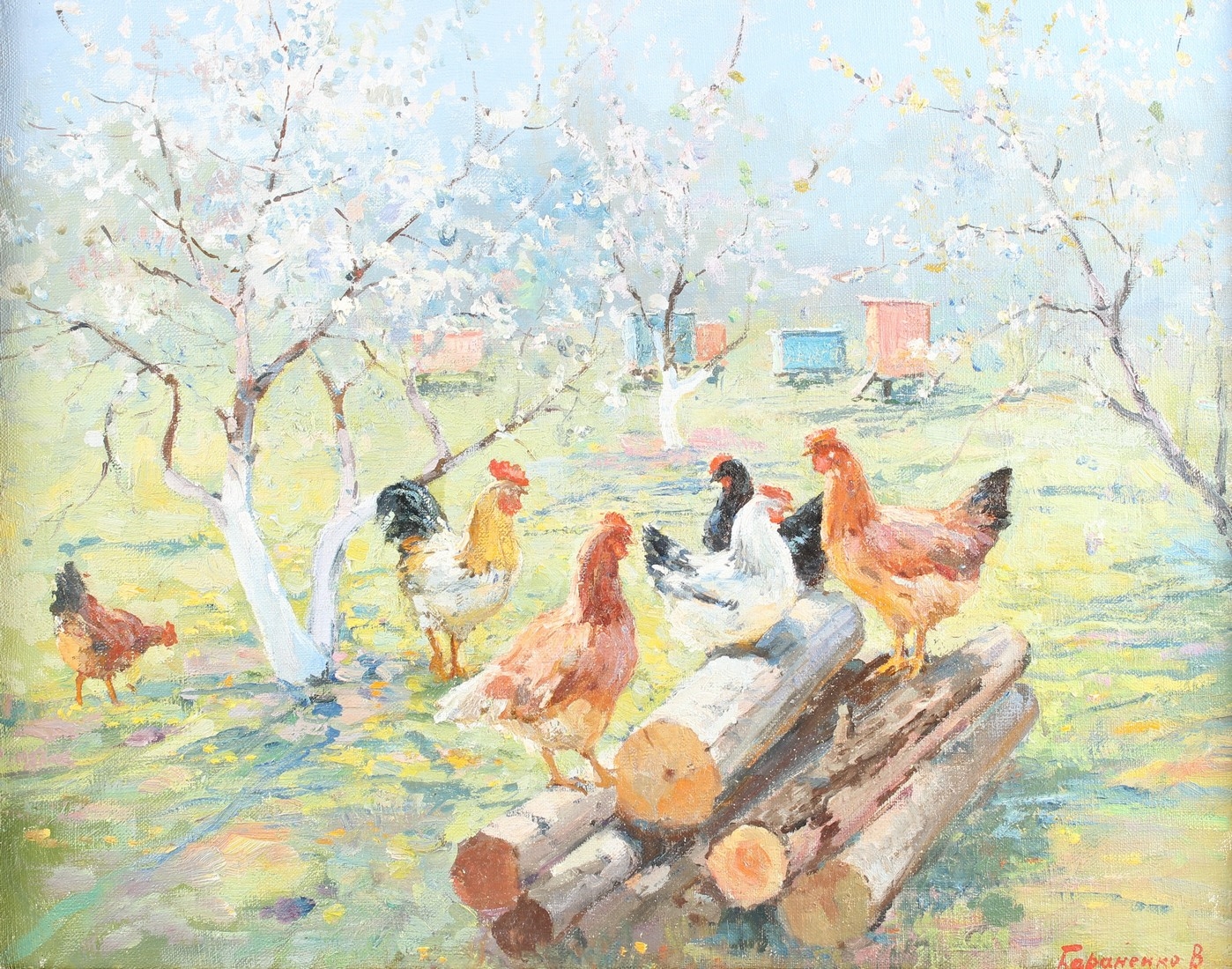 Artwork by Vitaly Baranenko, Chickens amongst blossom trees, Made of Oil On Canvas