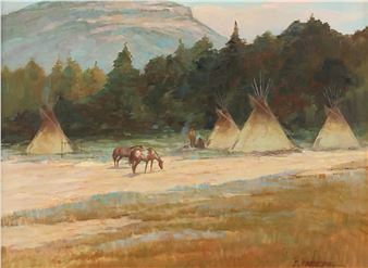A serene landscape painting featuring a group of conical tents in a grassy clearing with horses grazing nearby.