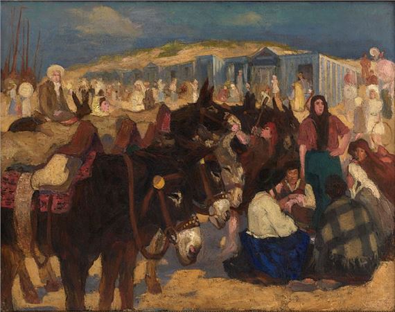 Plage animée avec cabines et ânes bâtés - Fernand Allard L'Olivier