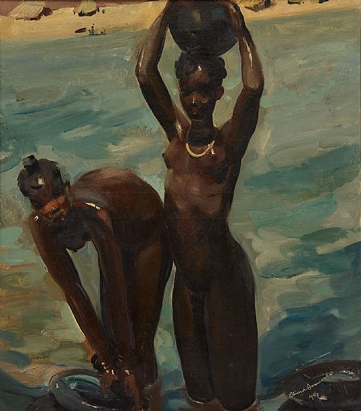 Artwork by Clement Serneels, Jeunes porteuses d’eau se baignant, Made of oil on canvas