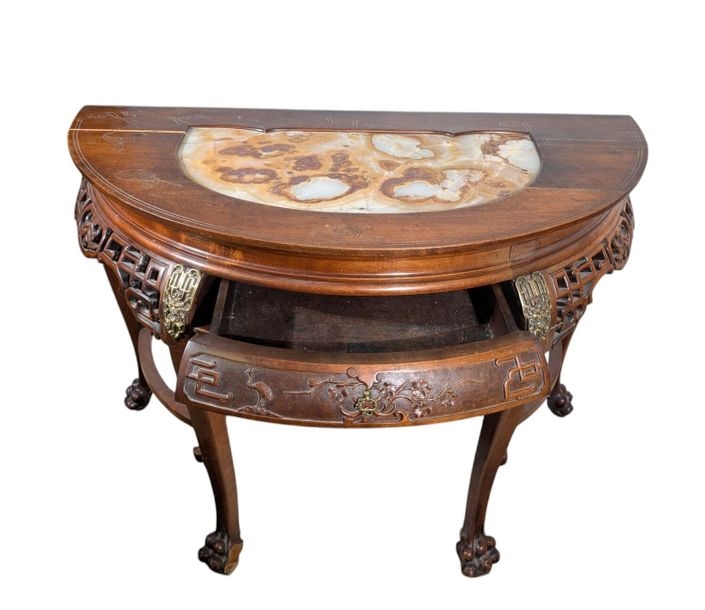 Artwork by Gabriel Viardot, Half-moon console in stained, molded and openwork cherry wood, Made of Cherry Wood, Onyx