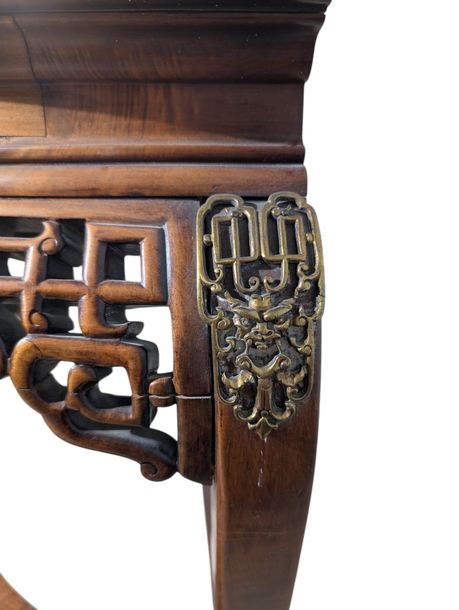 Artwork by Gabriel Viardot, Half-moon console in stained, molded and openwork cherry wood, Made of Cherry Wood, Onyx