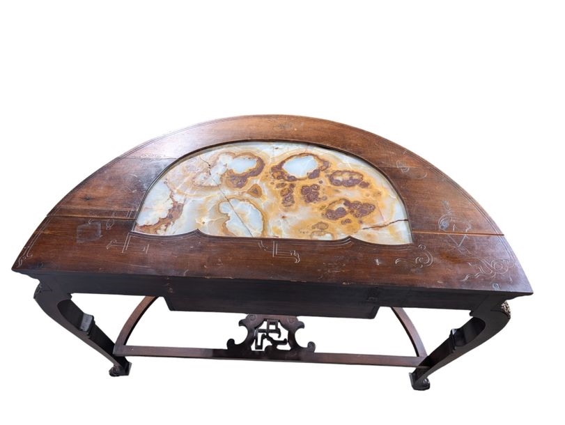 Artwork by Gabriel Viardot, Half-moon console in stained, molded and openwork cherry wood, Made of Cherry Wood, Onyx