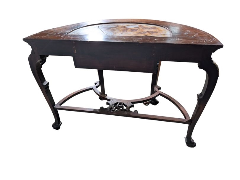 Artwork by Gabriel Viardot, Half-moon console in stained, molded and openwork cherry wood, Made of Cherry Wood, Onyx