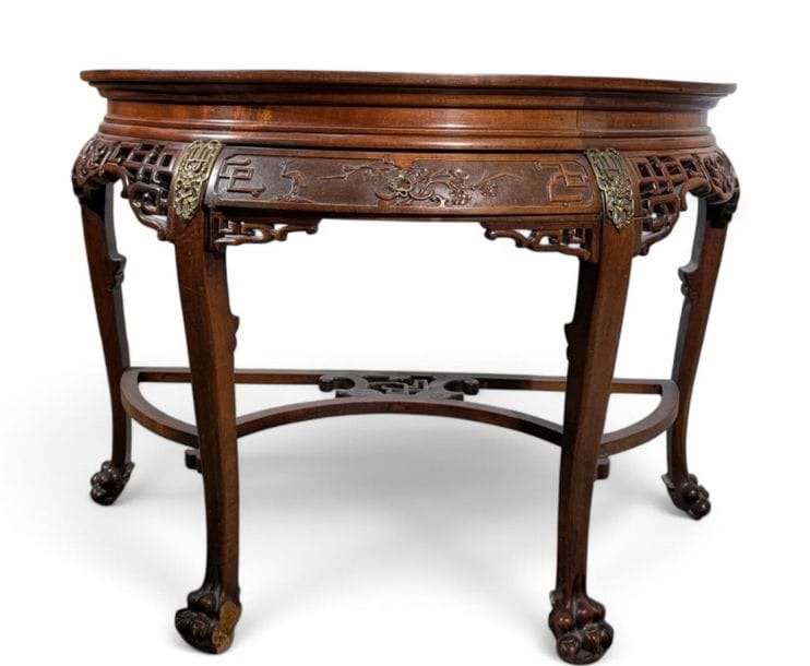 Artwork by Gabriel Viardot, Half-moon console in stained, molded and openwork cherry wood, Made of Cherry Wood, Onyx