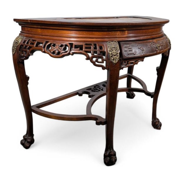 Artwork by Gabriel Viardot, Half-moon console in stained, molded and openwork cherry wood, Made of Cherry Wood, Onyx