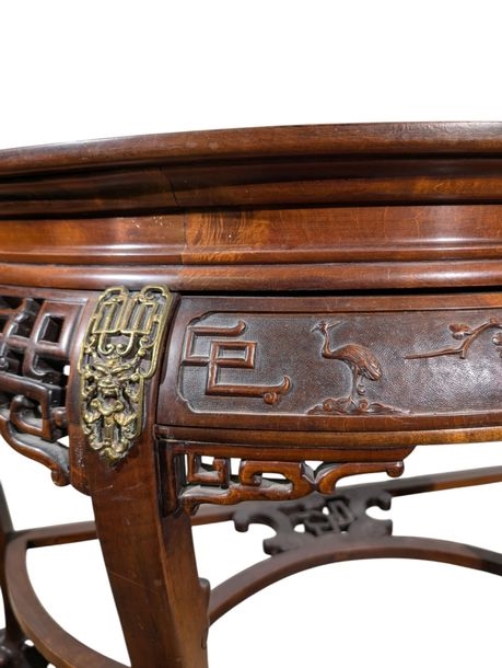 Artwork by Gabriel Viardot, Half-moon console in stained, molded and openwork cherry wood, Made of Cherry Wood, Onyx