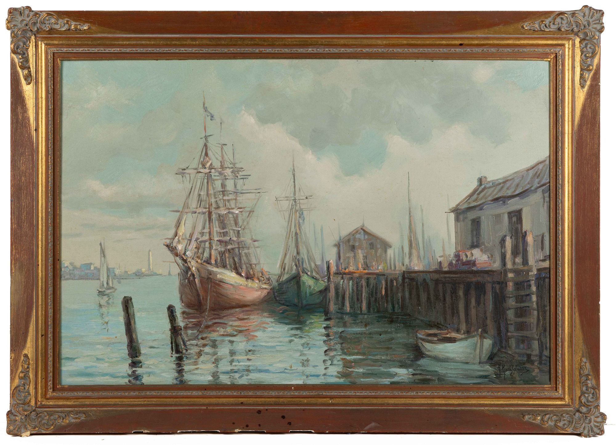 Artwork by Antonis Karafyllakis, HARBOR SCENE MARINE PAINTING, Made of Oil On Canvas