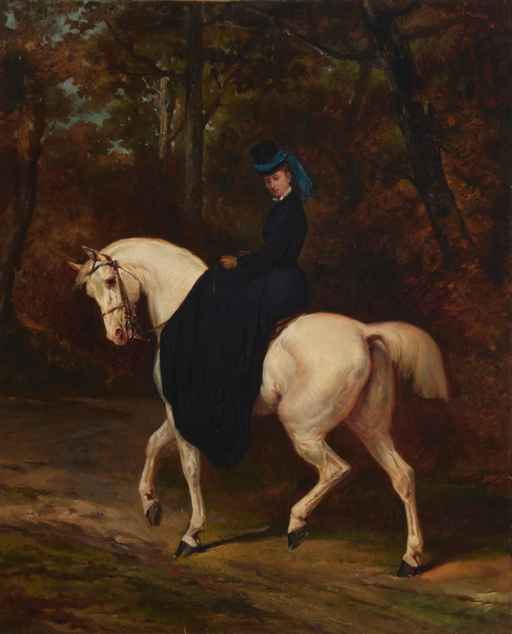 Artwork by Continental School, 19th Century, Woman on horseback, Made of Oil On Canvas Laid To Waxed Canvas