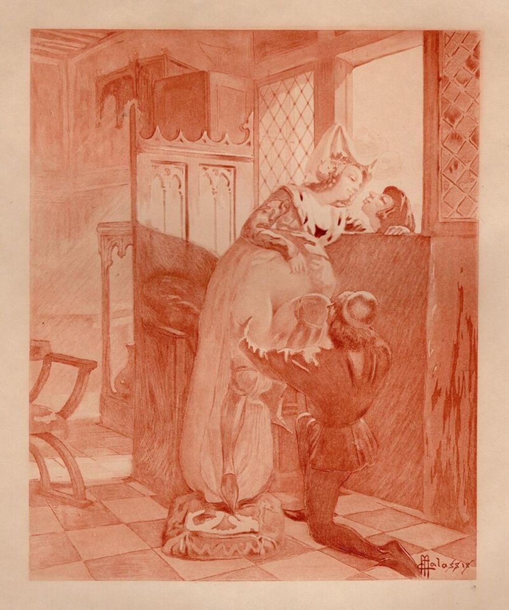 Artwork by Edmond Malassis, The Kiss II (Le baiser II, Made of Copper Plate Engraving In Red Ink On Velin Paper