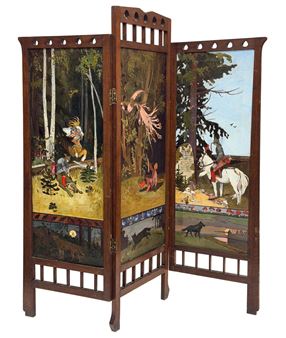 A Painted Canvas Three-Panel Screen illustrating Tsarevich Ivan, The Firebird, and the Gray Wolf - Ivan Iakovlevitch Bilibine