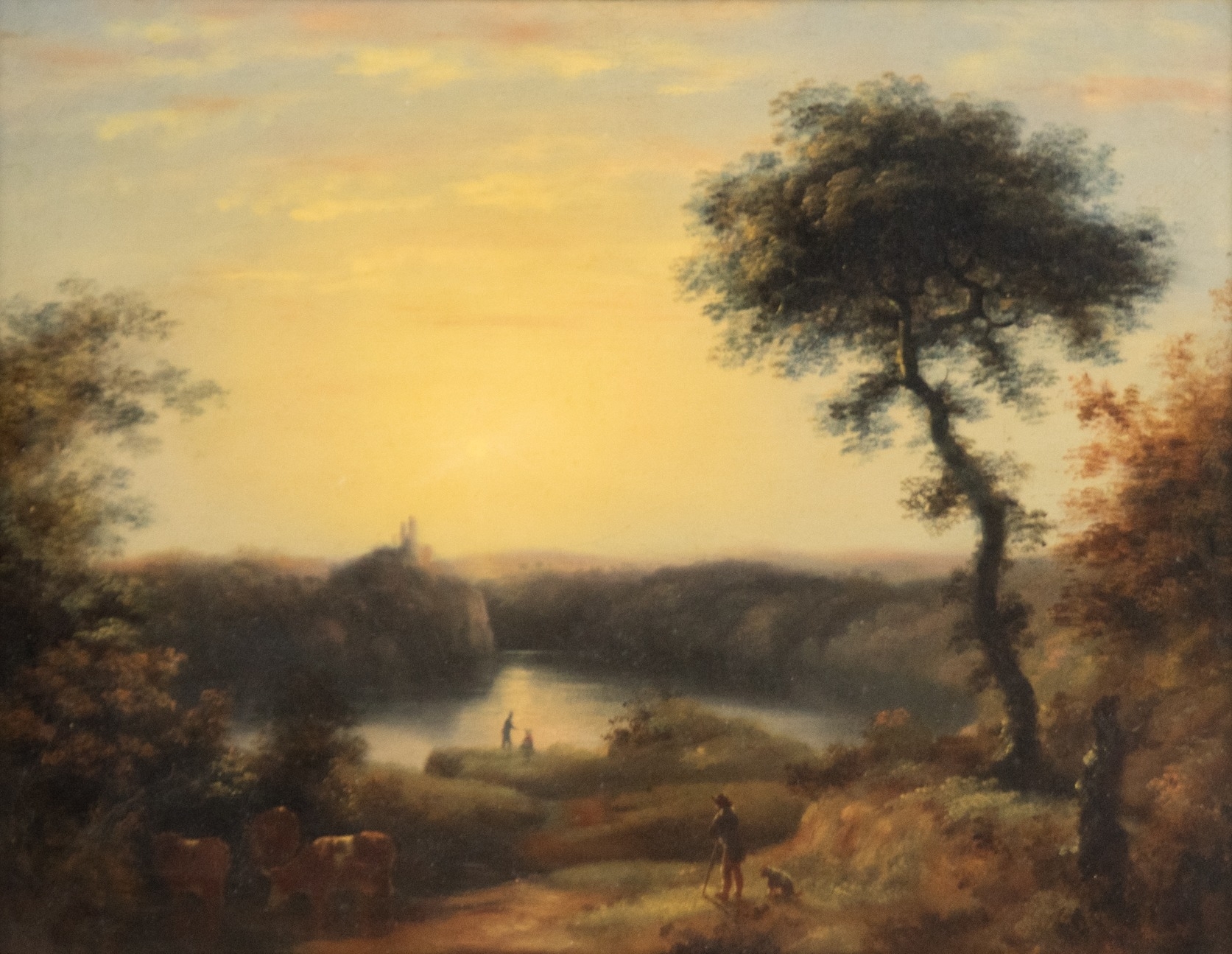 Artwork by John Rathbone, An Italianate landscape at sunset, Made of OIL PAINTING ON BOARD