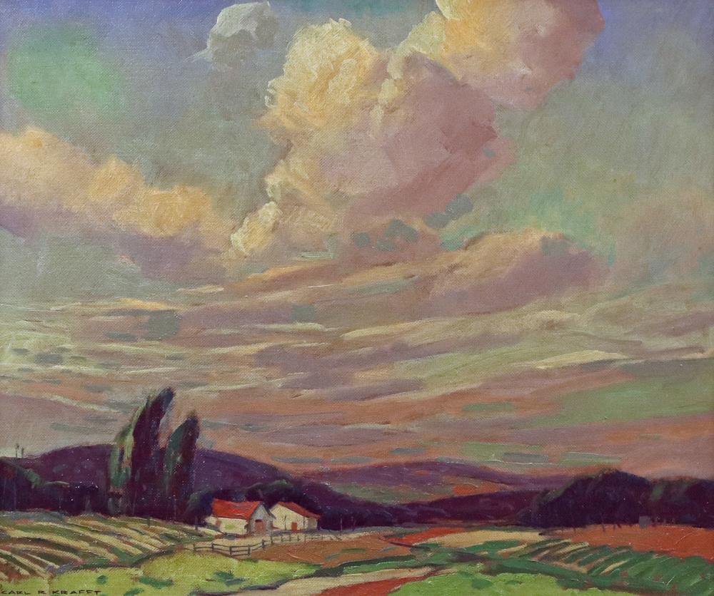 Artwork by Carl Krafft, Big Sky Summer Landscape, Made of Oil On Board