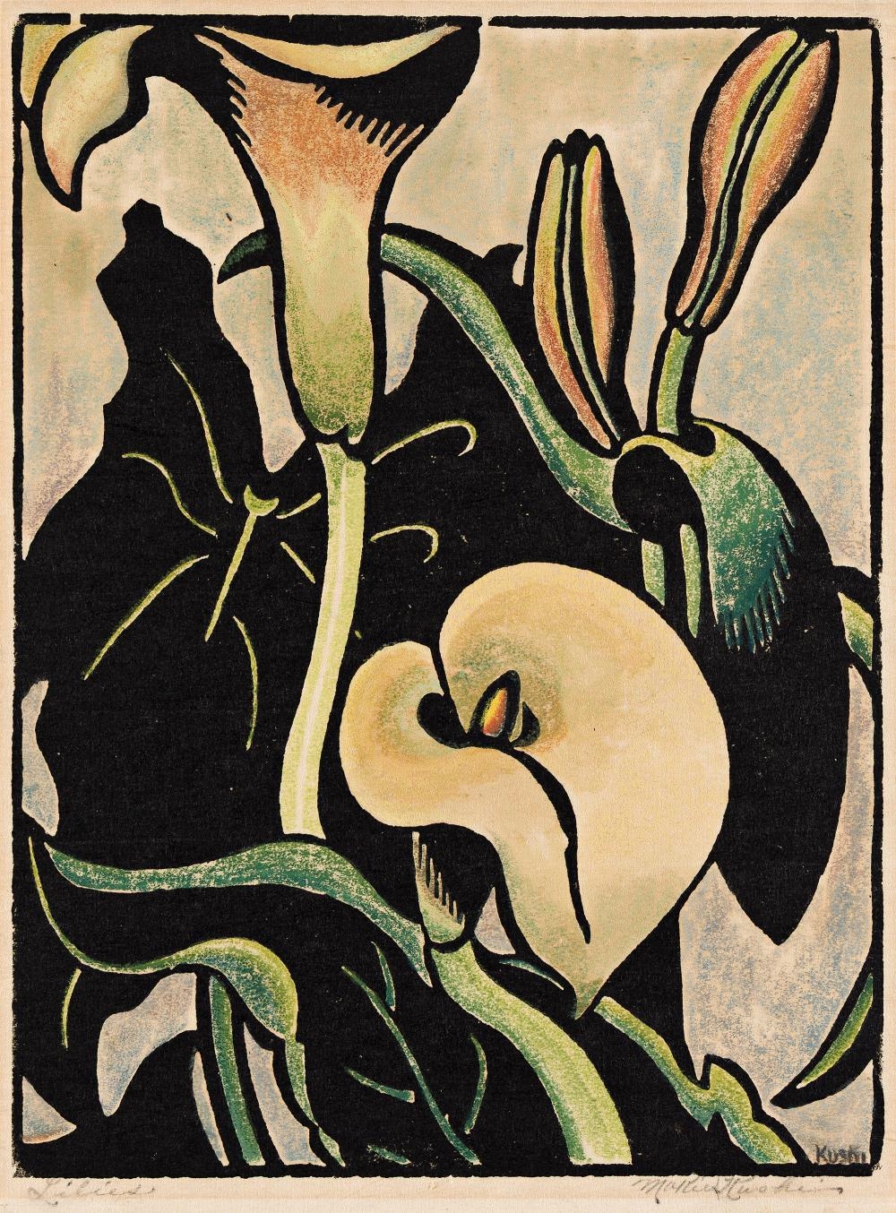 Artwork by Muriel Kusheim, Lilies, Made of Color Woodcut