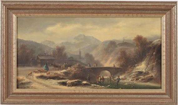 Winter village landscape with figures skating and carts crossing a bridge - Anton Doll