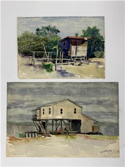Two watercolor paintings of elevated wooden structures on stilts near a body of water.