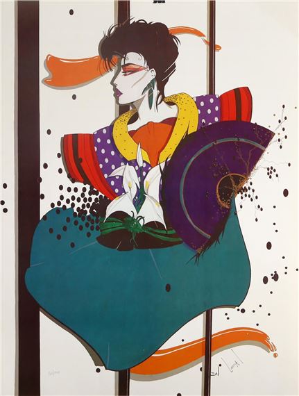 A stylized portrait of a figure in profile, holding a fan and surrounded by abstract shapes and splatters.
