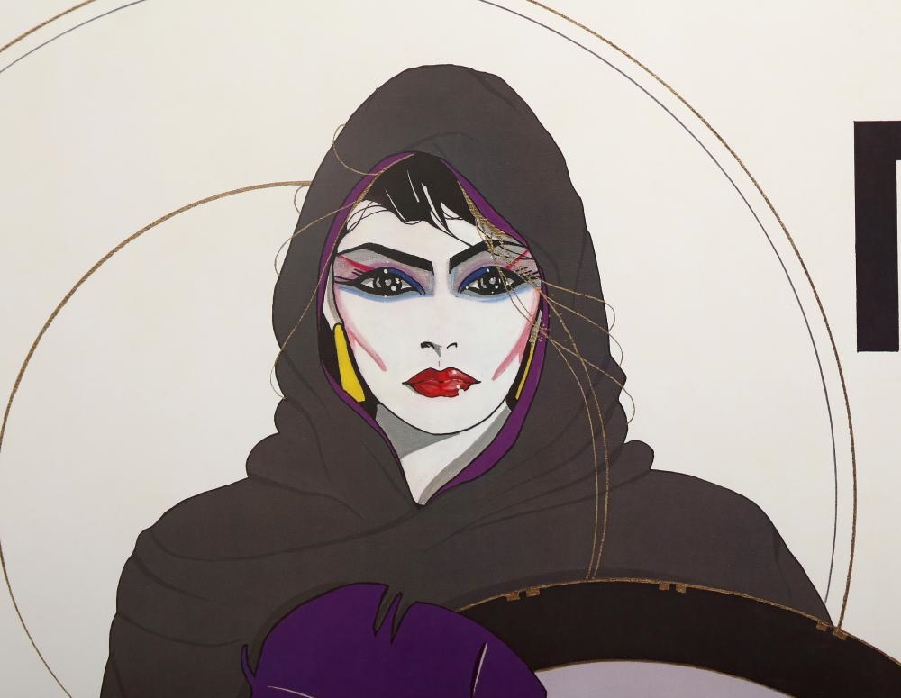 A stylized portrait of a hooded figure holding a vibrant, abstract bouquet.