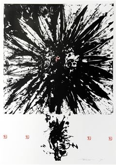 A high-contrast black and white print featuring a central explosive burst of ink, with a small red mark at its core.