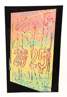 A vibrant neon-style poster advertising a bookstore with bold text and colorful lines.